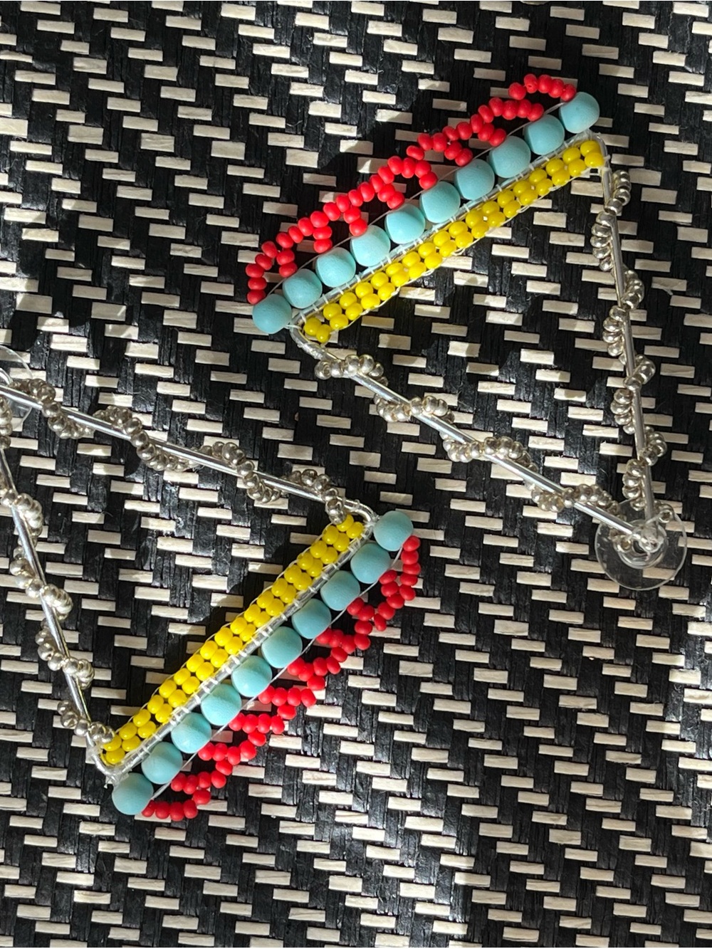 Handmade Colorblock Beaded Triangle Earrings - Yellow, Turquoise & Red - Picture 3 of 4